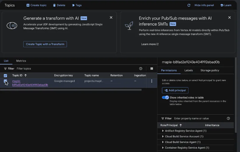 The Topics list with the Maple topic ticked and the info panel open on Permissions, with an Add principal button.