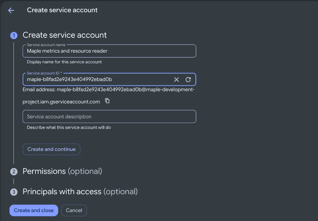 The Create service account form with the name Maple metrics and resource reader and the ID maple-… filled in.