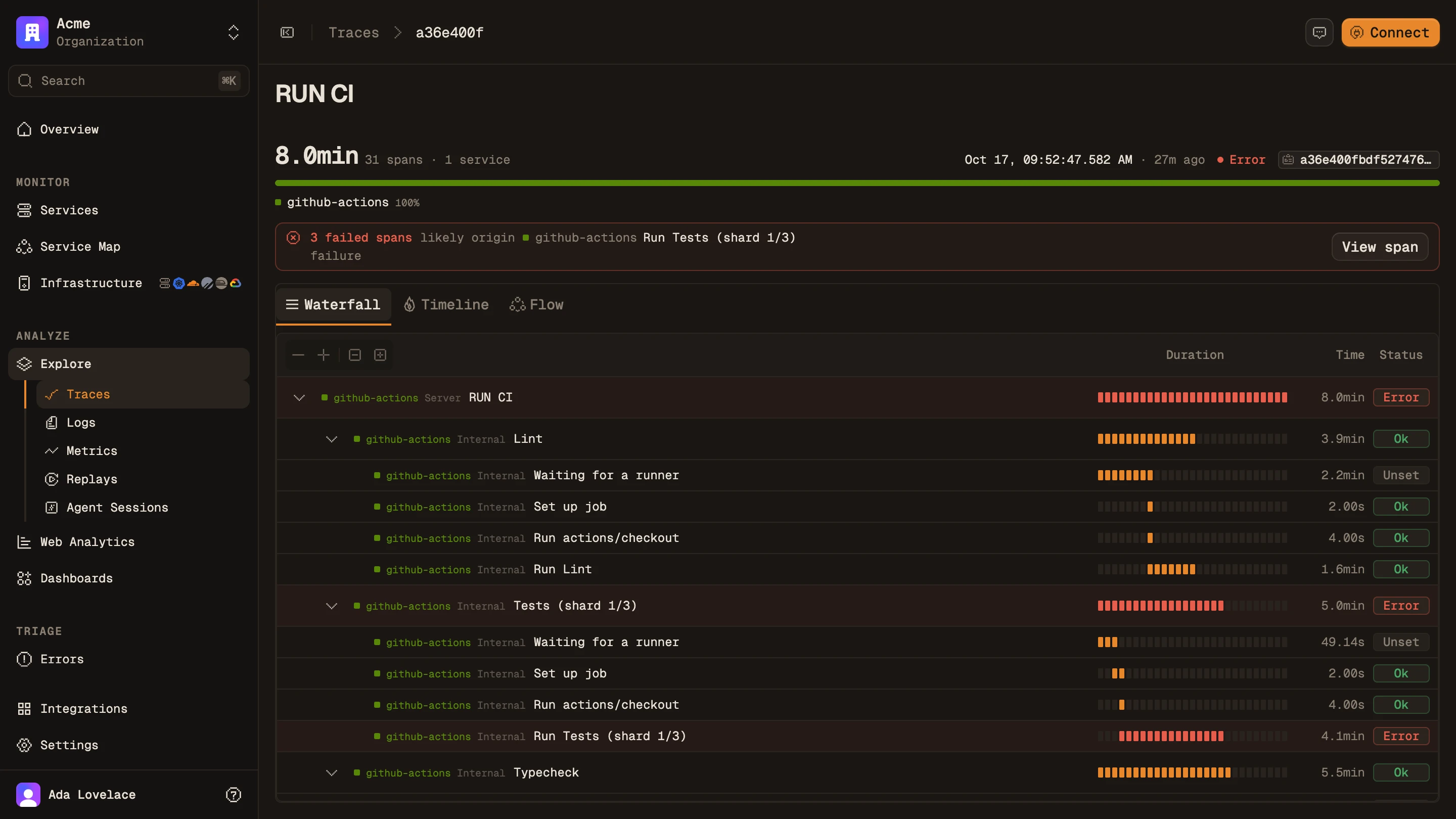 A failed CI run as a trace: runner waits, jobs and steps, with the failing test shard marked